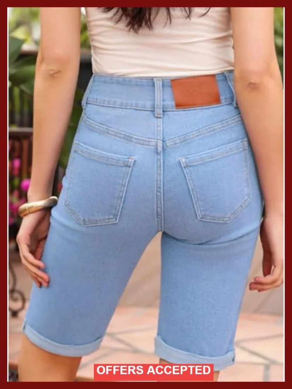 High Waisted Bermuda Jean Shorts with Rolled Hem Stretchy Denim